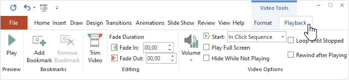 Playback tab in PPT Playback tab in PowerPoint